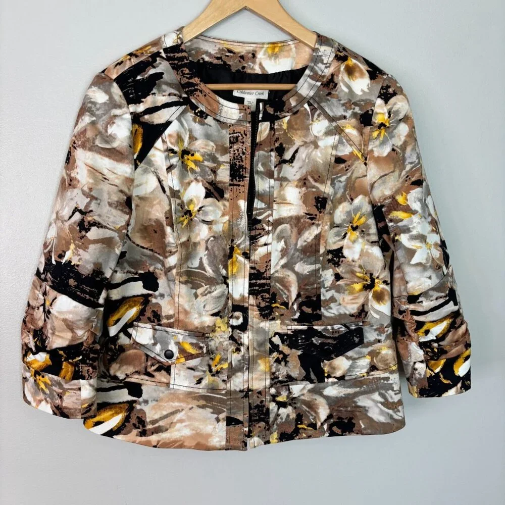 Coldwater Creek Jacket 16 Brown Yellow Floral Full-Zip 3/4 Sleeves Cotton Womens